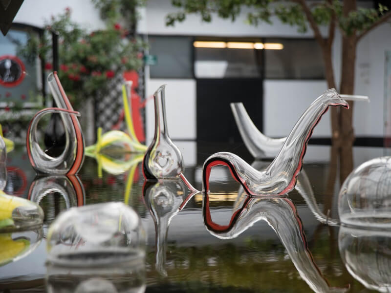 Pieces of glass art on a table